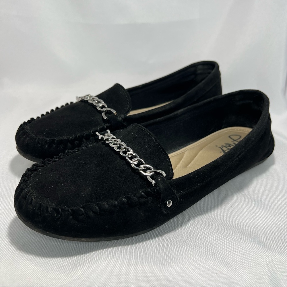 Black Faux Suede Chain Loafers Size 9 Edgy Prep Loafer Dark Academia Moccasins